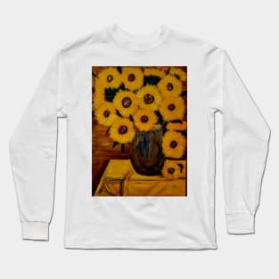 Sunflowers I'm a metallic blue gold and bronze and turquoise vase. On a table with yellow table cloth Long Sleeve T-Shirt